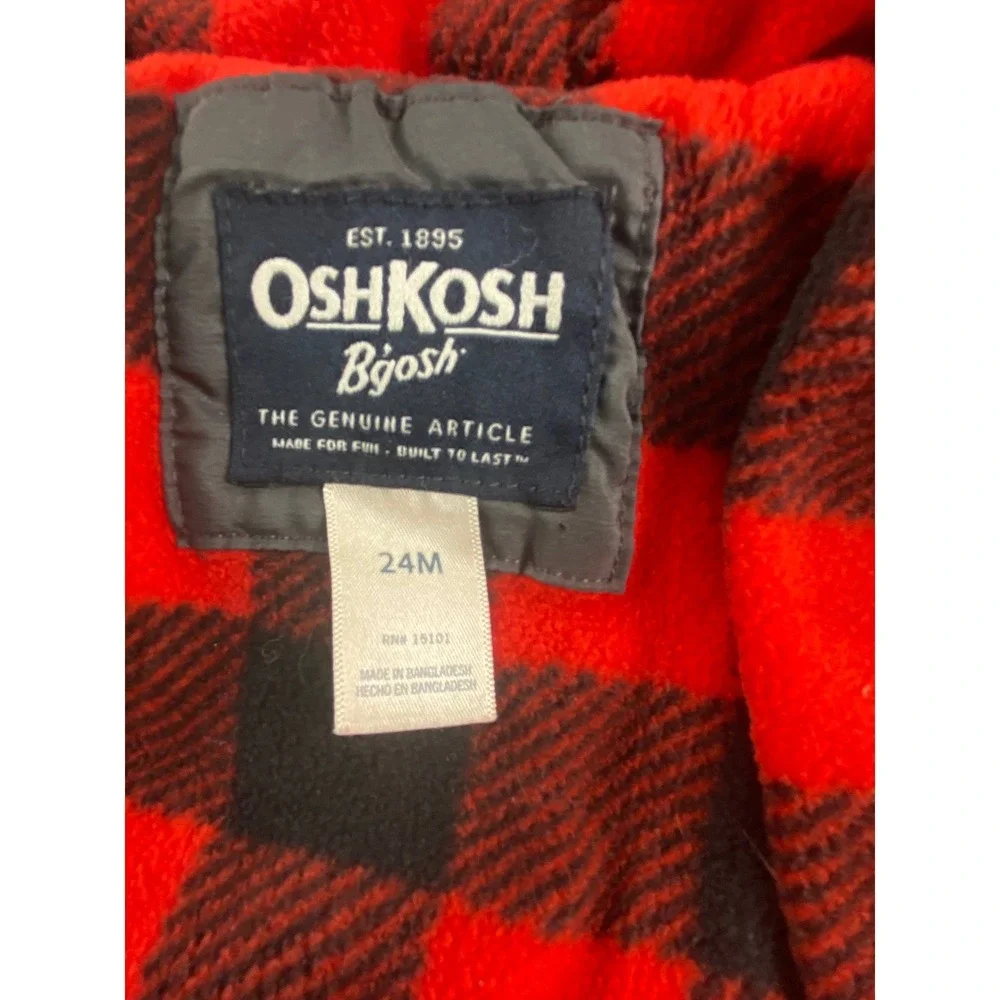 OshKosh Bgosh Boys‎ Gray Hooded Puffer Jacket Buffalo Plaid Fleece Lined 24M